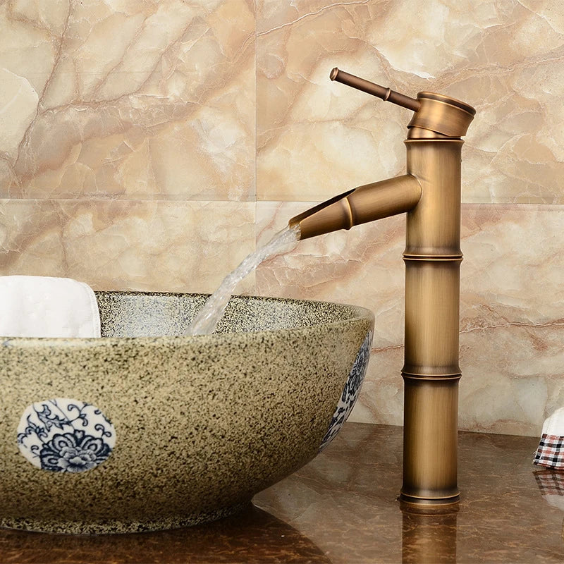 Rubinetto per Lavabo da Bagno in Ottone Antico a Forma di Bambù