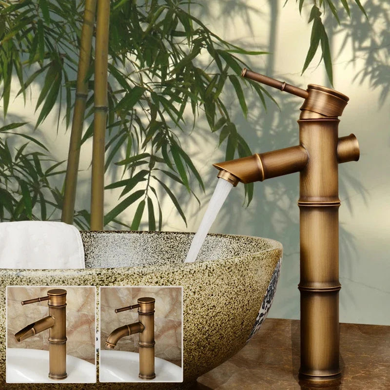 Rubinetto per Lavabo da Bagno in Ottone Antico a Forma di Bambù