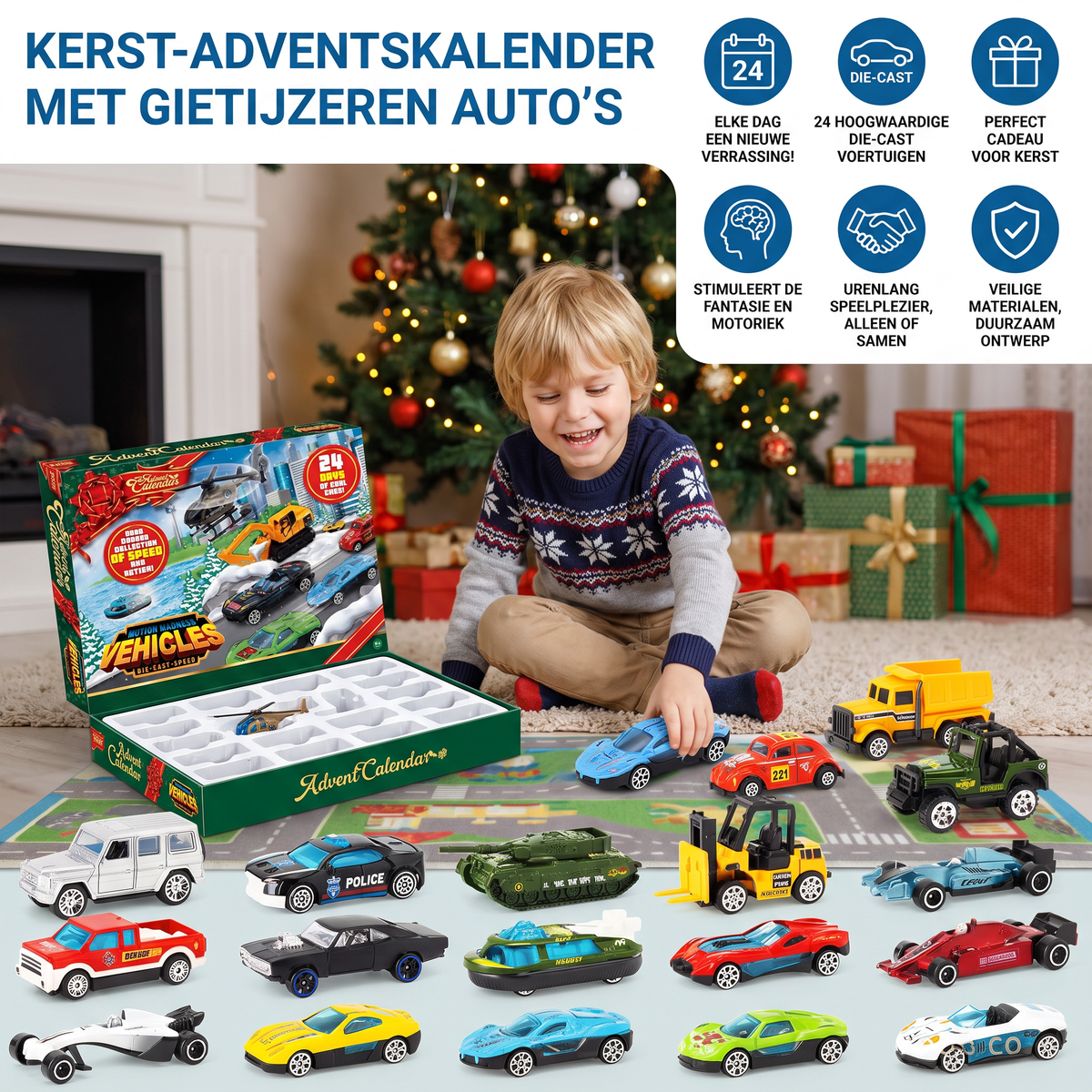 Calendario dell'Avvento di Natale con auto in ghisa per bambini