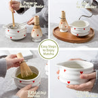 Ciotola per Matcha con design a cuore – 4/5 pezzi con versatore e frusta in bambù | Ideale per uso domestico