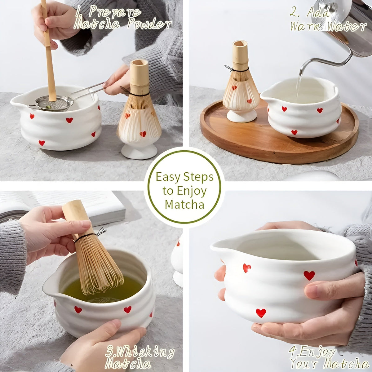 Ciotola per Matcha con design a cuore – 4/5 pezzi con versatore e frusta in bambù | Ideale per uso domestico
