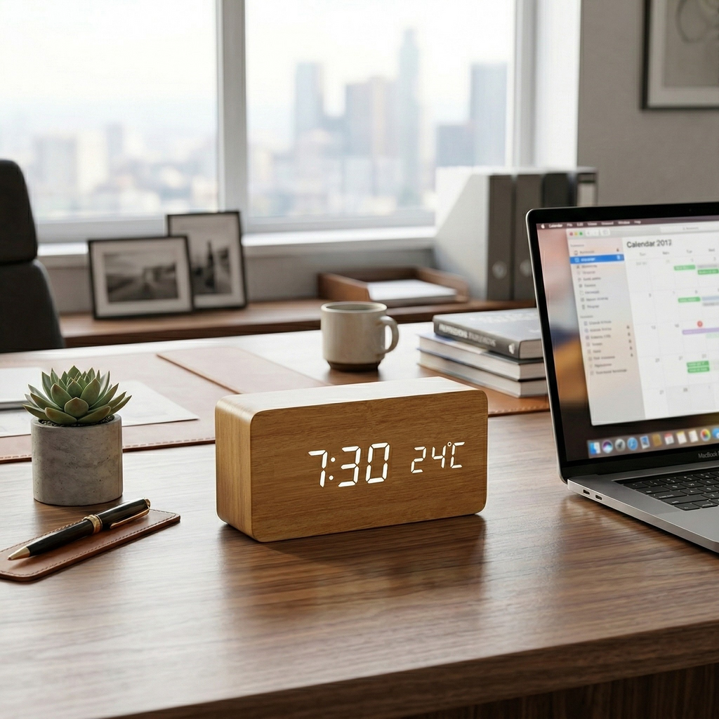 Orologio LED in Legno con Controllo Vocale Sveglia Digitale Moderna Design Minimalista