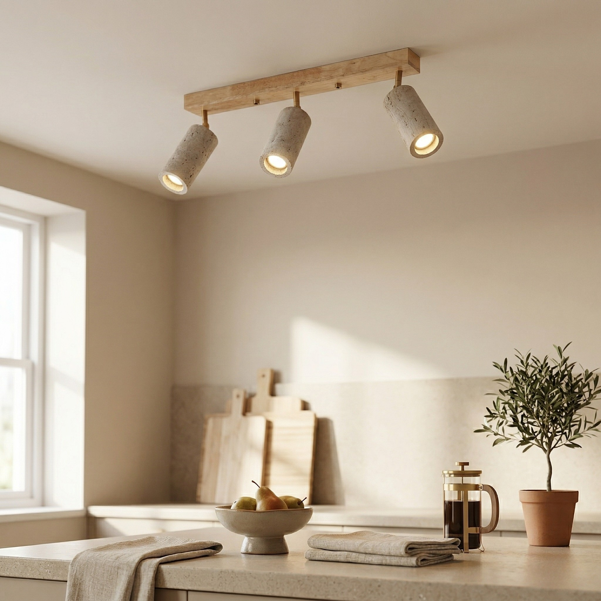 Plafoniera LED Design Moderno con Faretti Orientabili in Legno e Pietra