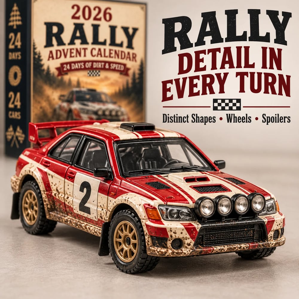 🏎️ Calendario dell'Avvento Rallye di Natale 2026 – 24 giorni pieni di velocità e suspense, 24 auto da rally da collezionare (modelli 2D)