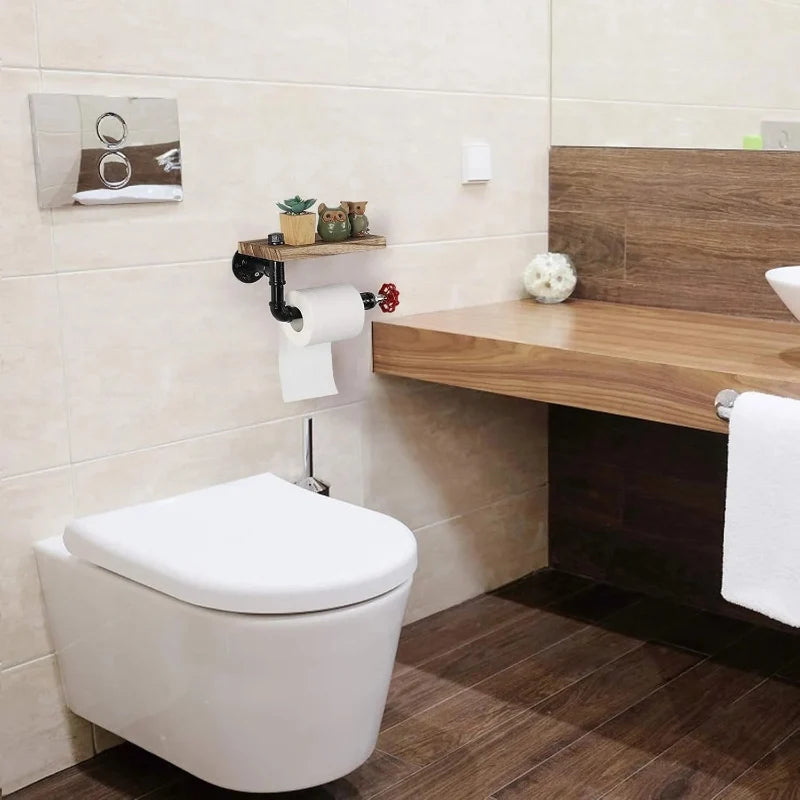 Porta Carta Igienica in Ghisa e Legno con Ripiano Organizzatore da Bagno