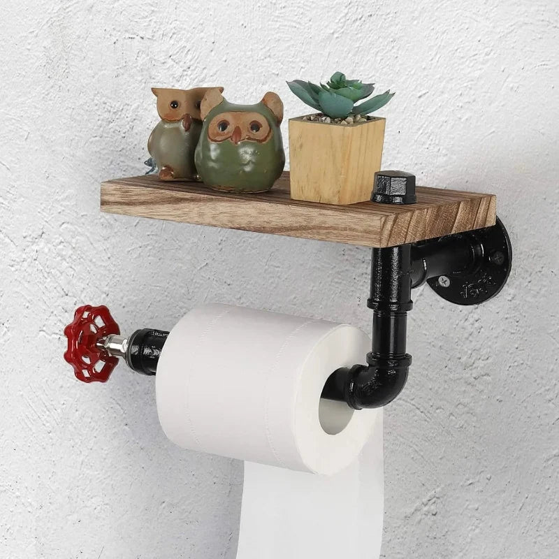 Porta Carta Igienica in Ghisa e Legno con Ripiano Organizzatore da Bagno