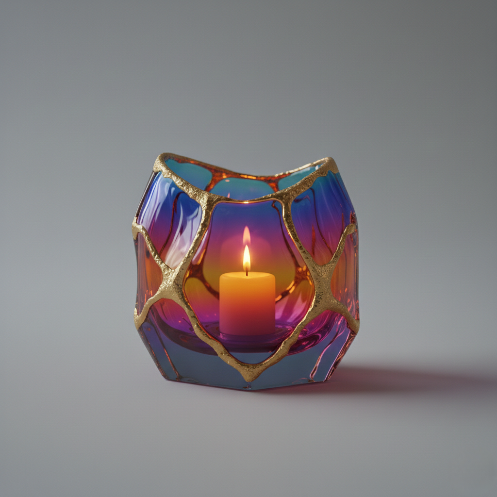 Portacandele Artistico in Cristallo con Rifinitura in Oro Spazzolato