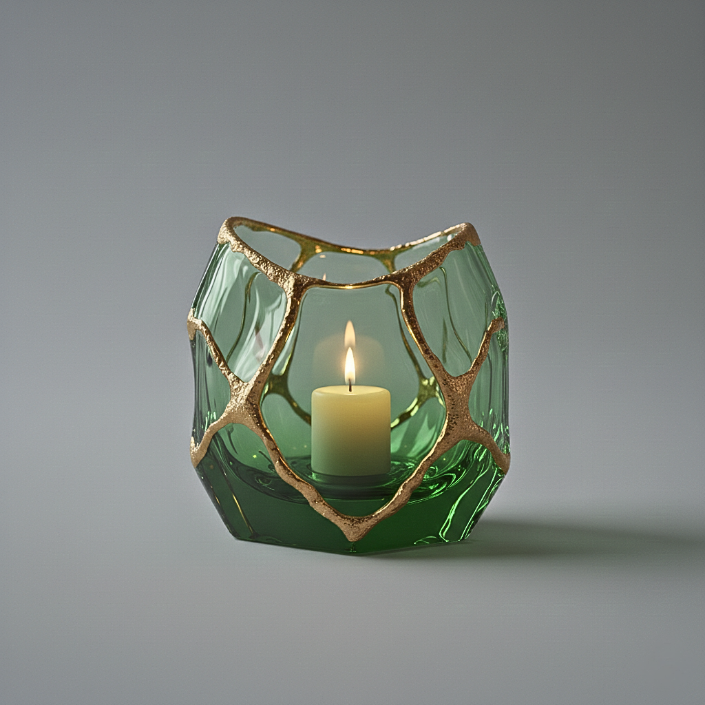 Portacandele Artistico in Cristallo con Rifinitura in Oro Spazzolato