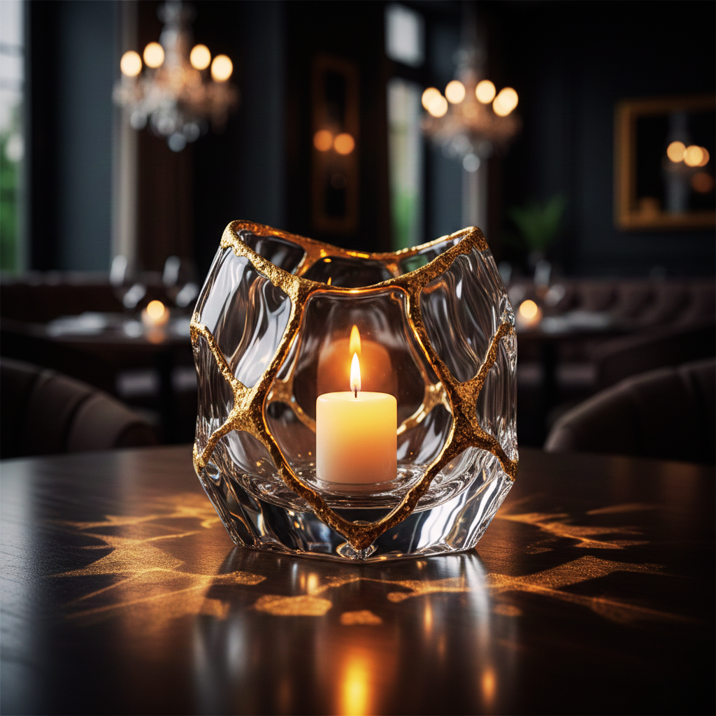 Portacandele Artistico in Cristallo con Rifinitura in Oro Spazzolato
