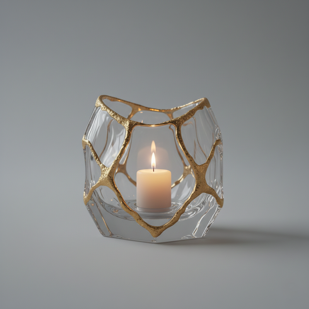 Portacandele Artistico in Cristallo con Rifinitura in Oro Spazzolato