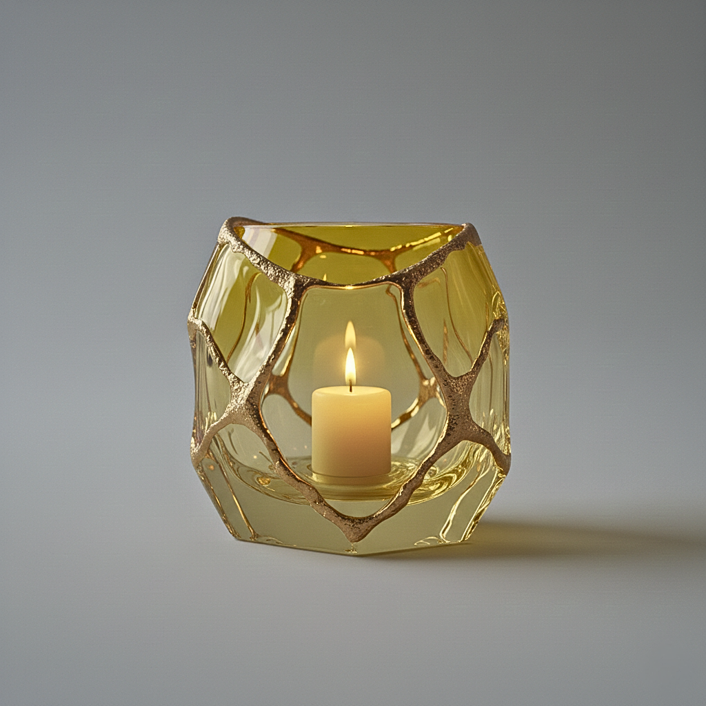 Portacandele Artistico in Cristallo con Rifinitura in Oro Spazzolato