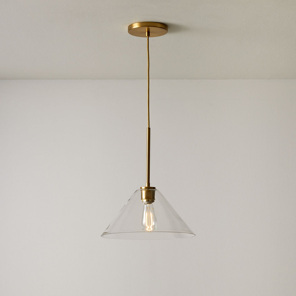 Lampada a sospensione a cono in vetro trasparente per cucina