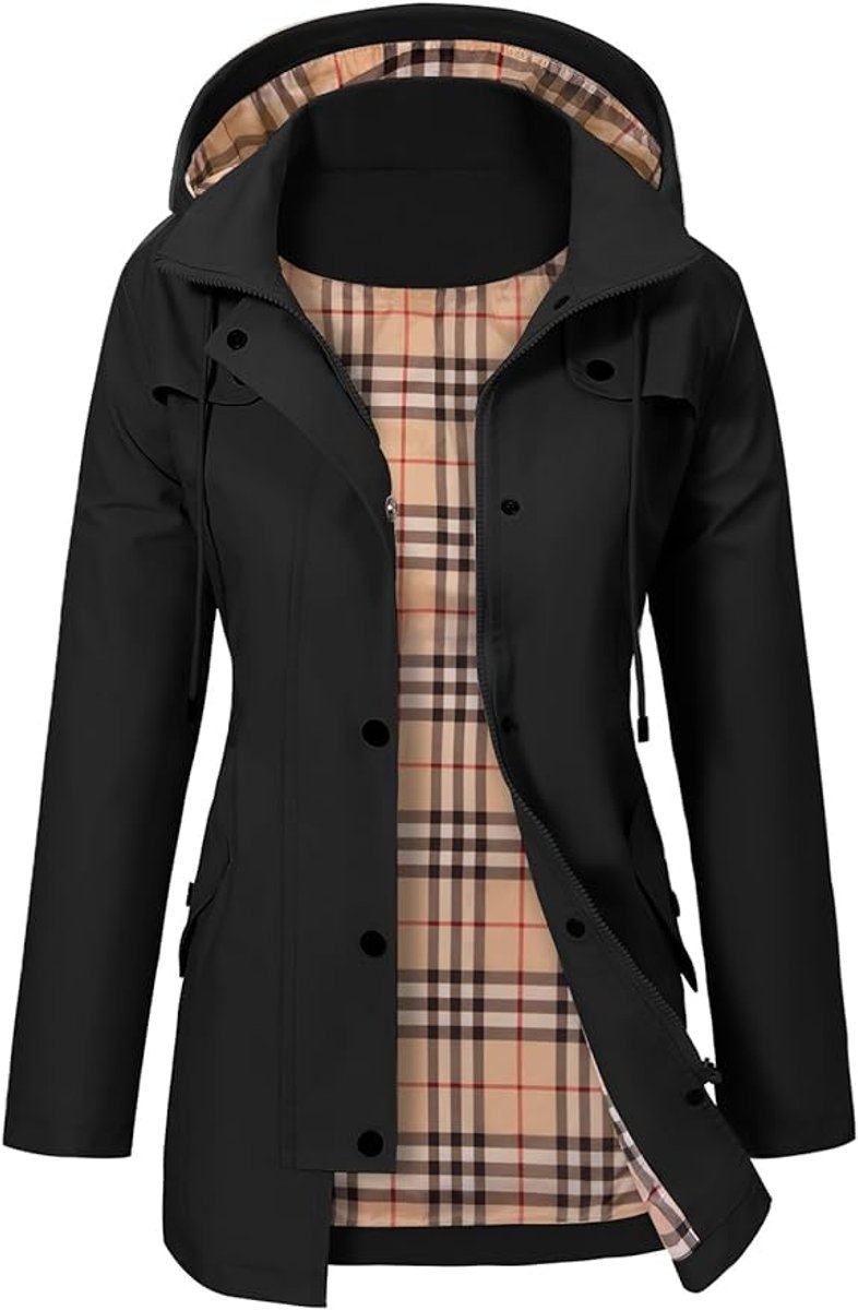 Giacca da Donna Impermeabile con Cappuccio – Impermeabile con Fodera in Pile a Quadri