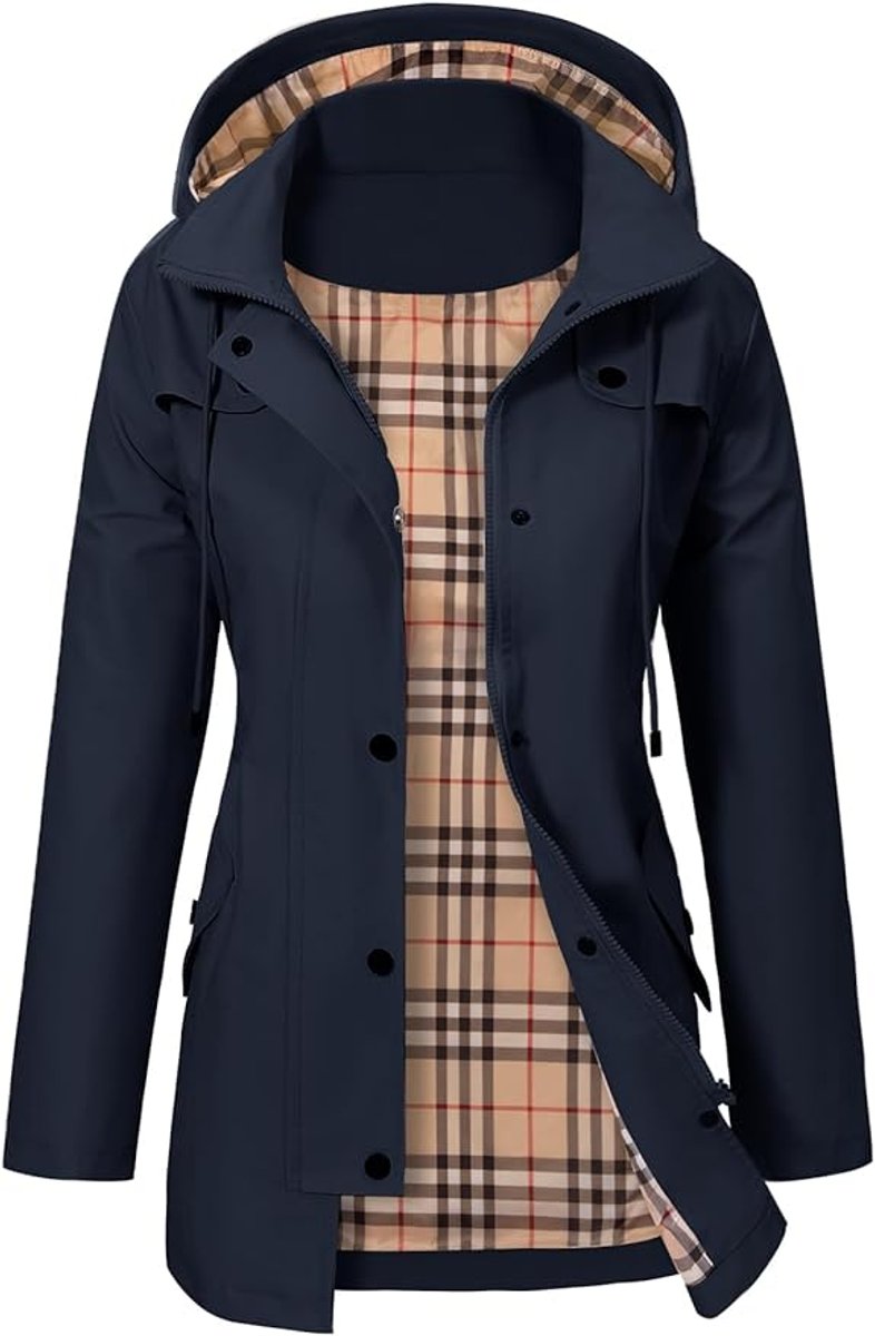 Giacca da Donna Impermeabile con Cappuccio – Impermeabile con Fodera in Pile a Quadri