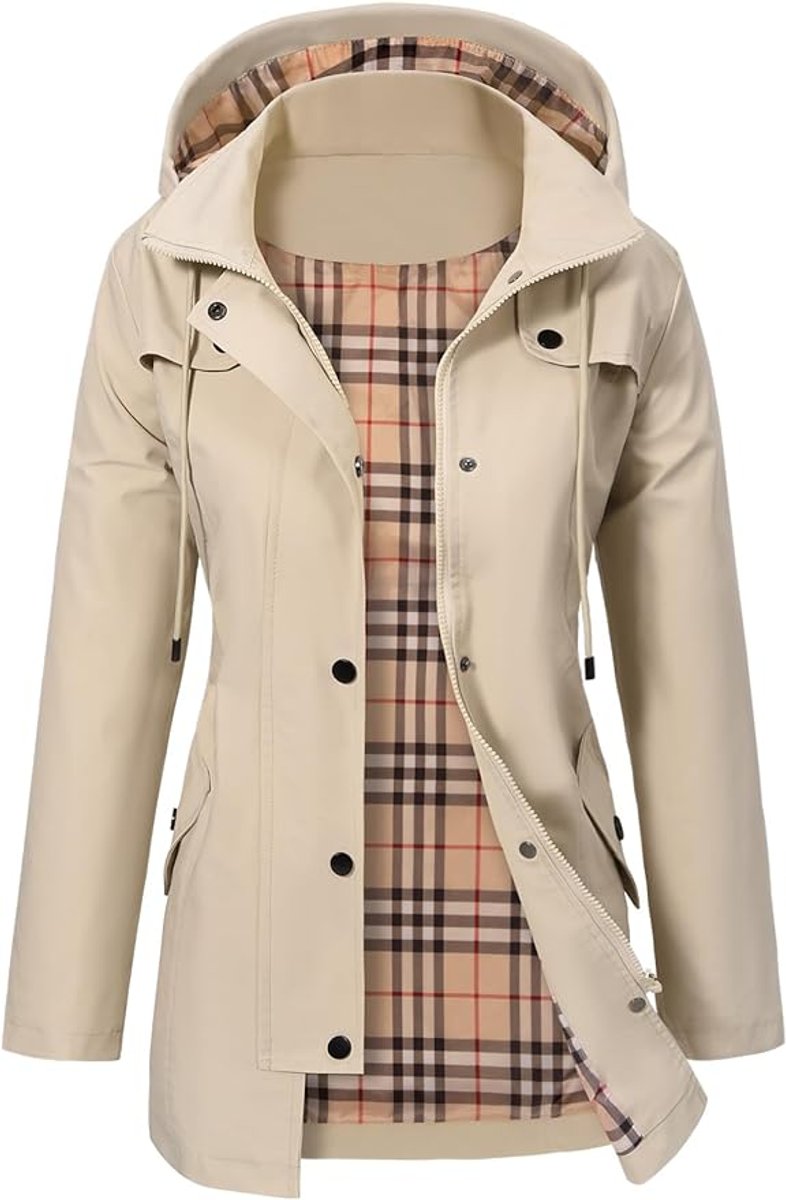 Giacca da Donna Impermeabile con Cappuccio – Impermeabile con Fodera in Pile a Quadri