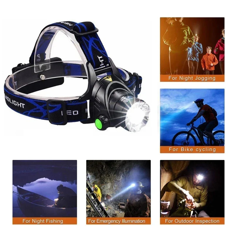 Lampada Frontale LED Ricaricabile e Impermeabile con Funzione Zoom per Attività Outdoor
