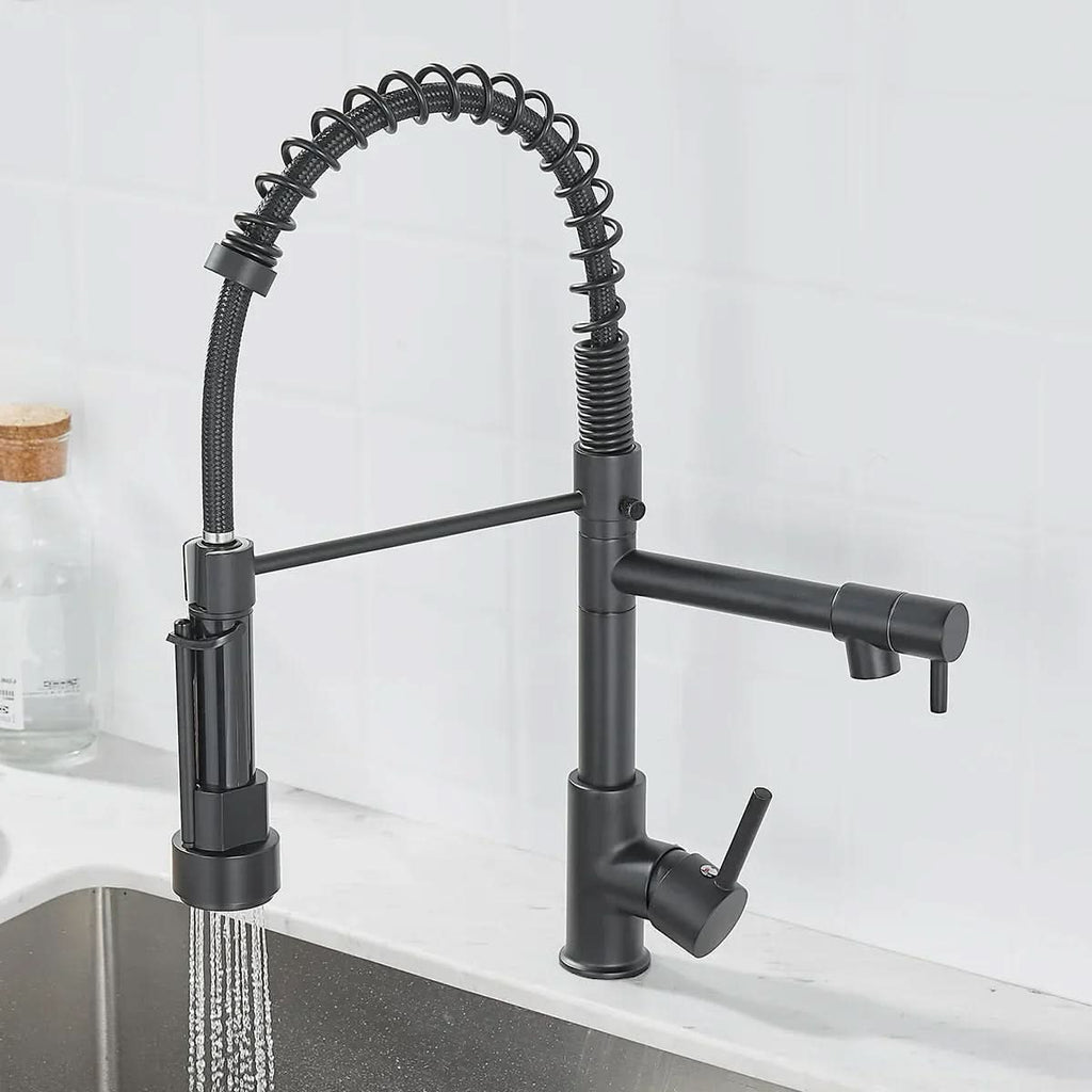 Rubinetto da Cucina DualFlow – Rubinetto in Ottone Nero e Oro con Doppio Beccuccio e Controllo a Leva Singola