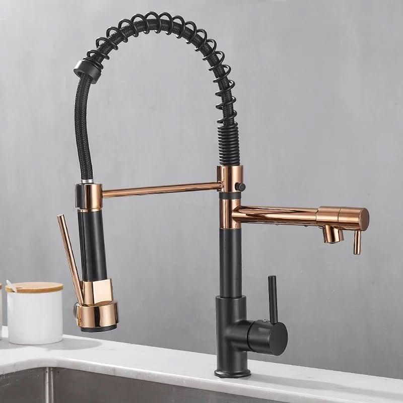 Rubinetto da Cucina DualFlow – Rubinetto in Ottone Nero e Oro con Doppio Beccuccio e Controllo a Leva Singola