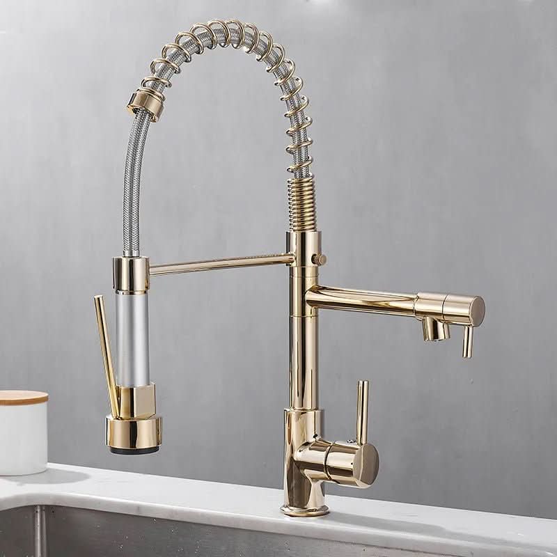 Rubinetto da Cucina DualFlow – Rubinetto in Ottone Nero e Oro con Doppio Beccuccio e Controllo a Leva Singola
