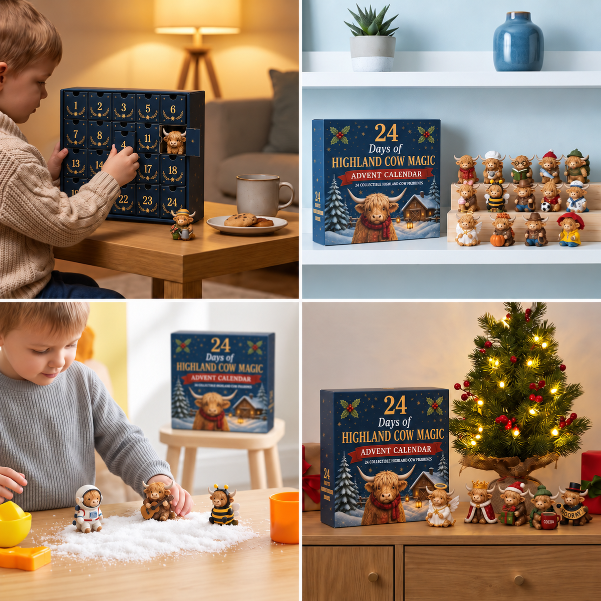 Calendario dell'Avvento di 24 giorni con bovini Highland come mini-figure collezionabili