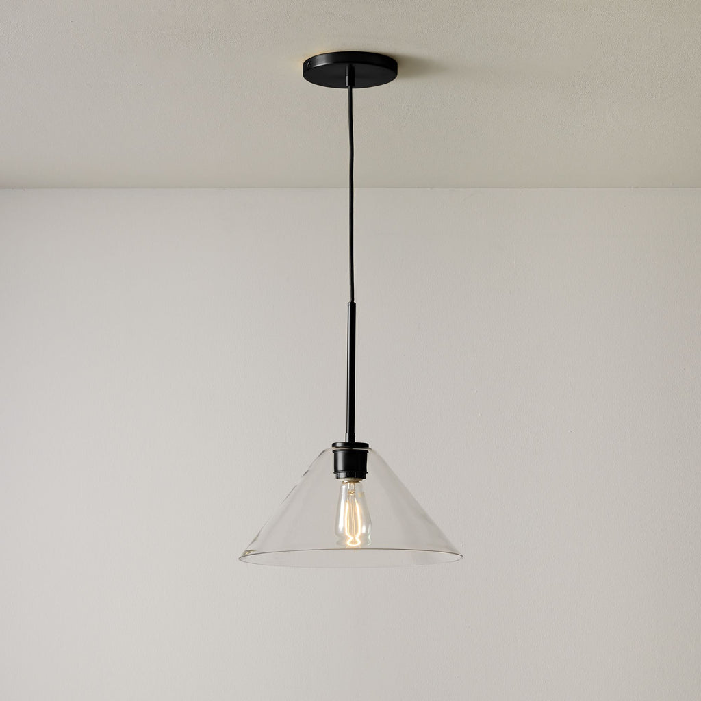 Lampada a sospensione a cono in vetro trasparente per cucina