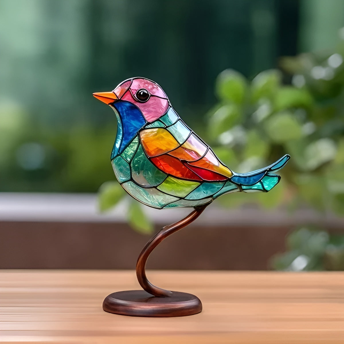Decorazione di Uccelli in Vetro Colorato su Supporto in Metallo
