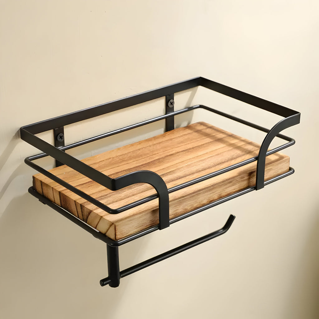 Mensola in legno con porta-rotolo – Organizzatore pratico per il bagno