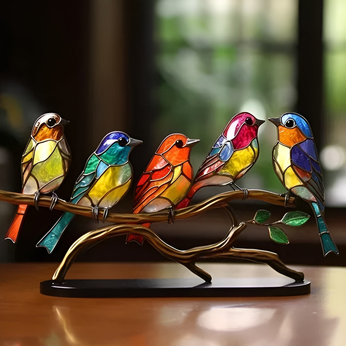 Decorazione di Uccelli in Vetro Colorato su Supporto in Metallo