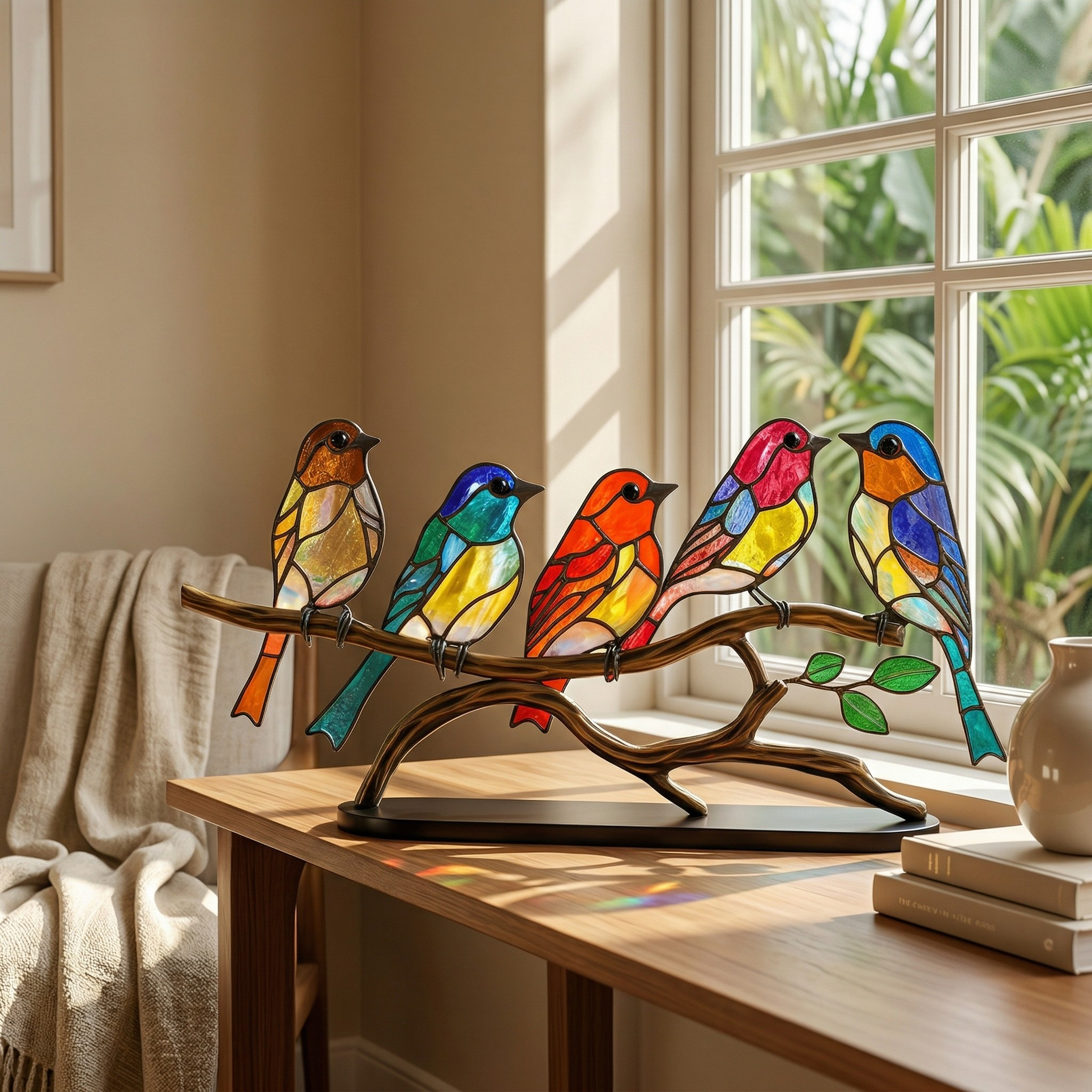 Decorazione da Finestra con Uccelli Colorati Stile Artistico per la Casa