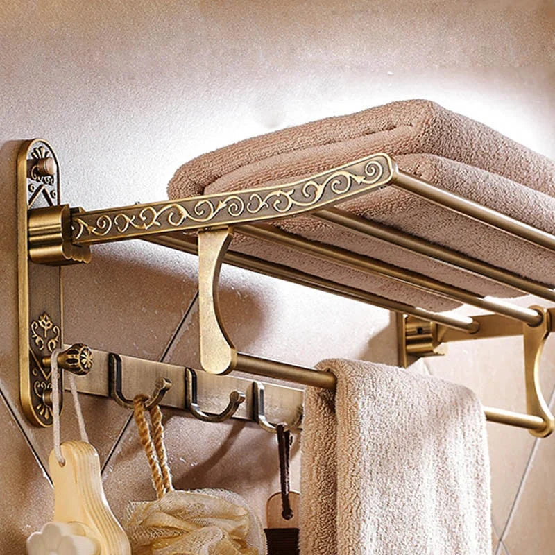 Stendibiancheria da Bagno Pieghevole in Ottone Antico con Doppio Ripiano e Ganci