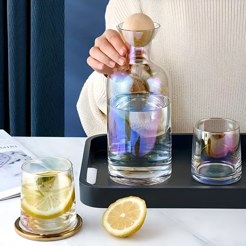 Set di caraffe in vetro con 4 bicchieri – Elegante e Decorativo | Caraffa da 1,2L con coperchio in legno per acqua, succo e ospiti