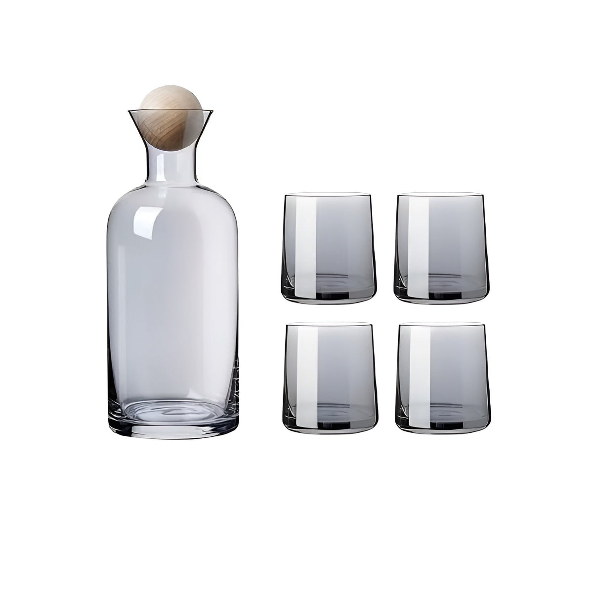 Set di caraffe in vetro con 4 bicchieri – Elegante e Decorativo | Caraffa da 1,2L con coperchio in legno per acqua, succo e ospiti