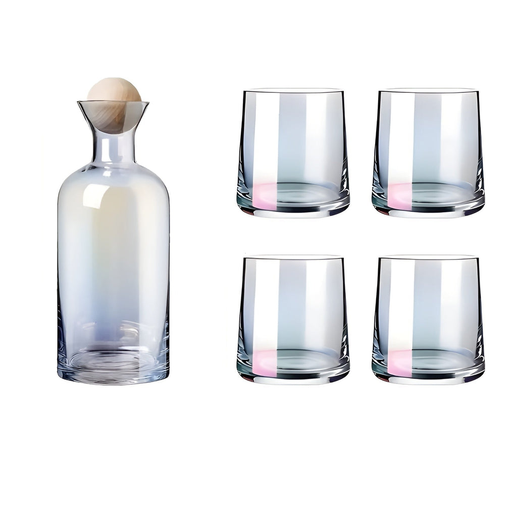 Set di caraffe in vetro con 4 bicchieri – Elegante e Decorativo | Caraffa da 1,2L con coperchio in legno per acqua, succo e ospiti
