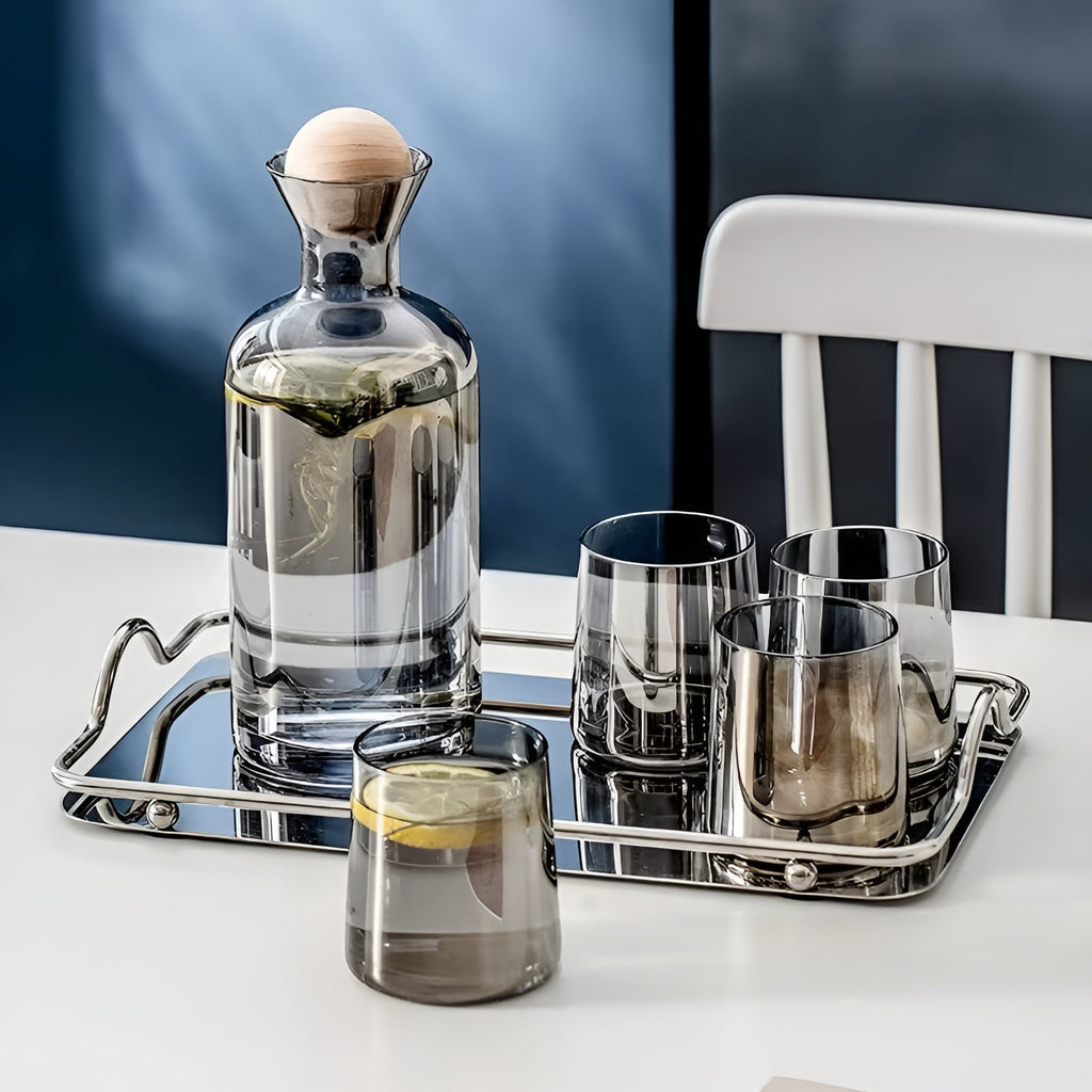 Set di caraffe in vetro con 4 bicchieri – Elegante e Decorativo | Caraffa da 1,2L con coperchio in legno per acqua, succo e ospiti