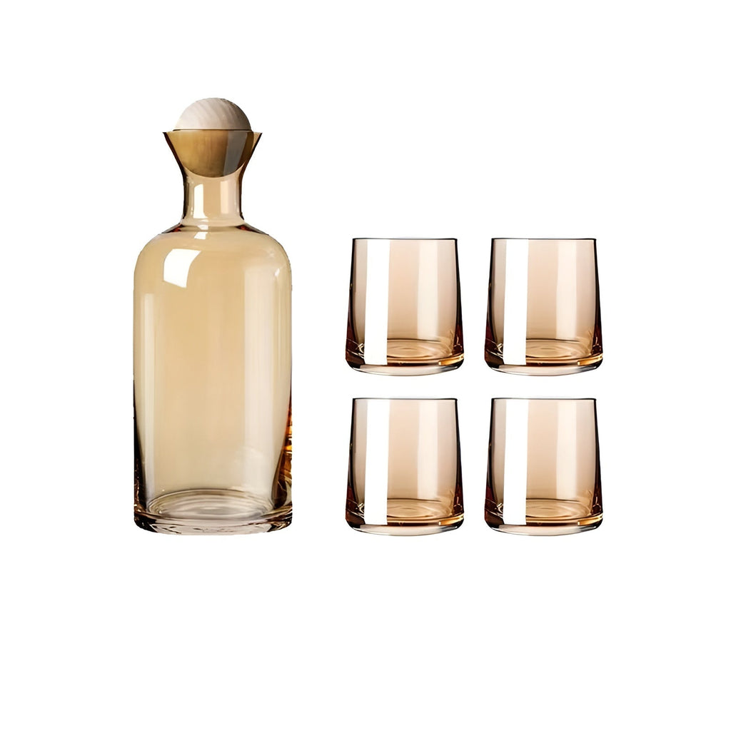 Set di caraffe in vetro con 4 bicchieri – Elegante e Decorativo | Caraffa da 1,2L con coperchio in legno per acqua, succo e ospiti