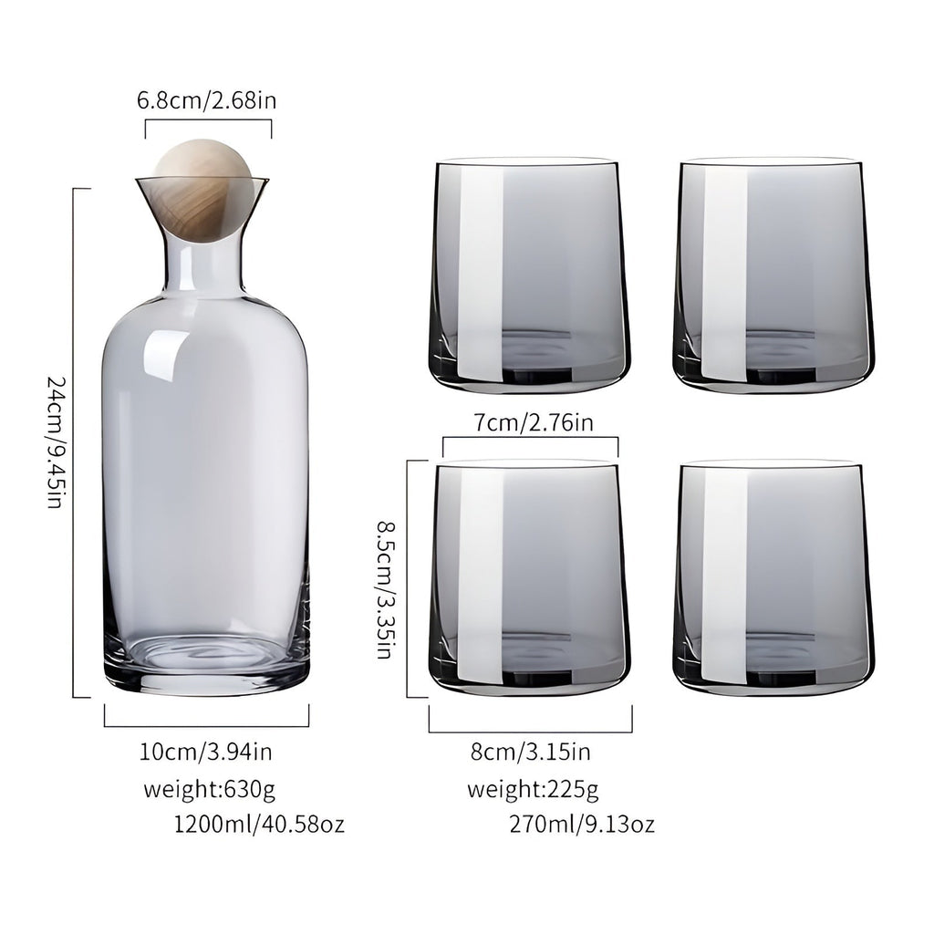 Set di caraffe in vetro con 4 bicchieri – Elegante e Decorativo | Caraffa da 1,2L con coperchio in legno per acqua, succo e ospiti