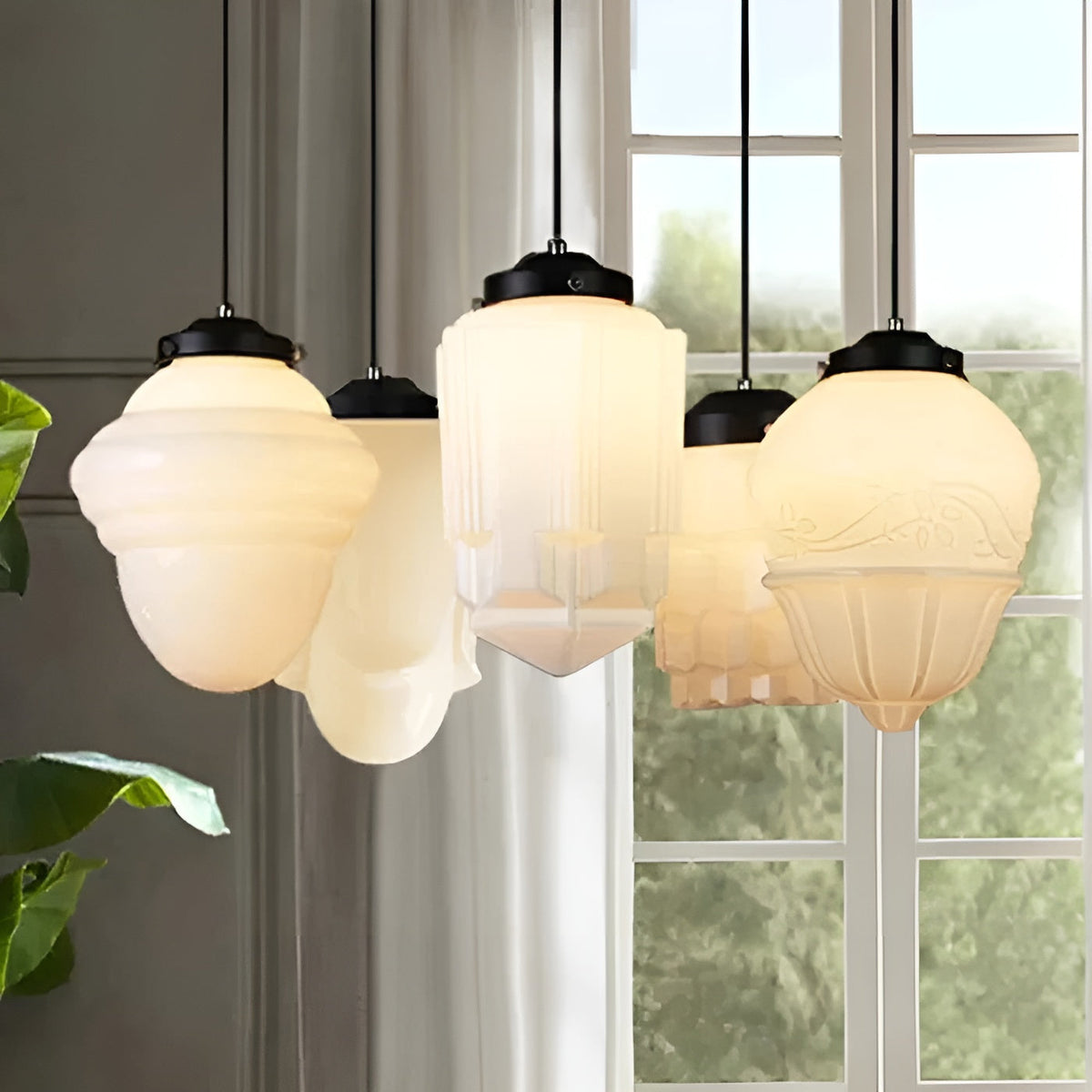 Lampada a sospensione in vetro opalino – Design vintage con vetro geometrico