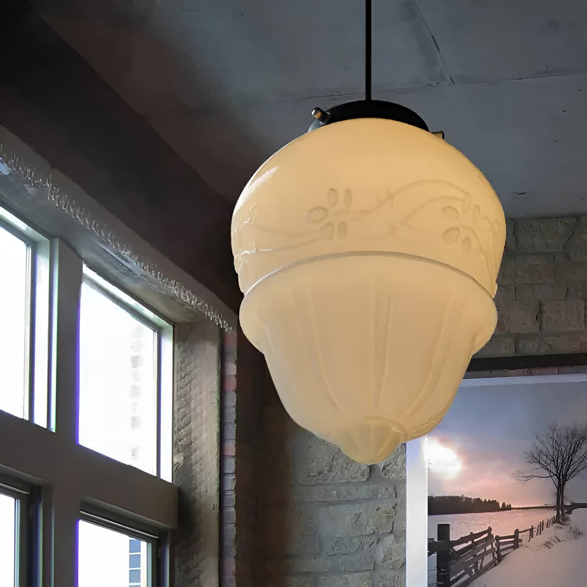 Lampada a sospensione in vetro opalino – Design vintage con vetro geometrico