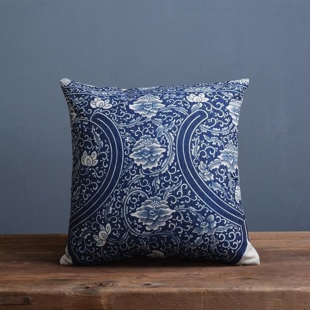 Timo | Copricuscino in Porcellana Blu e Beige in Mistura di Lino e Cotone per Divano o Letto