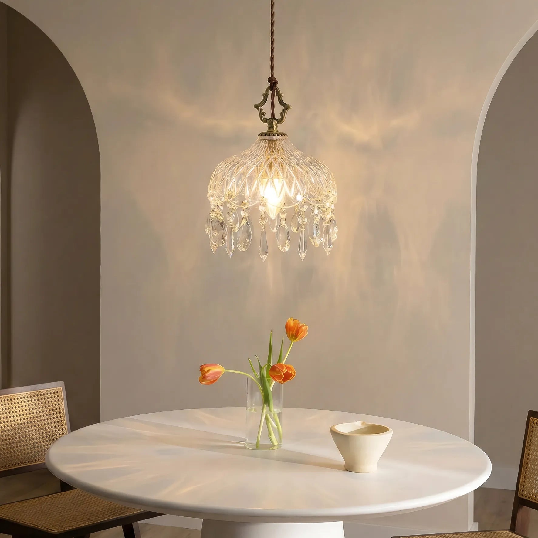 Lampada a Sospensione Vintage in Rame con Cristalli
