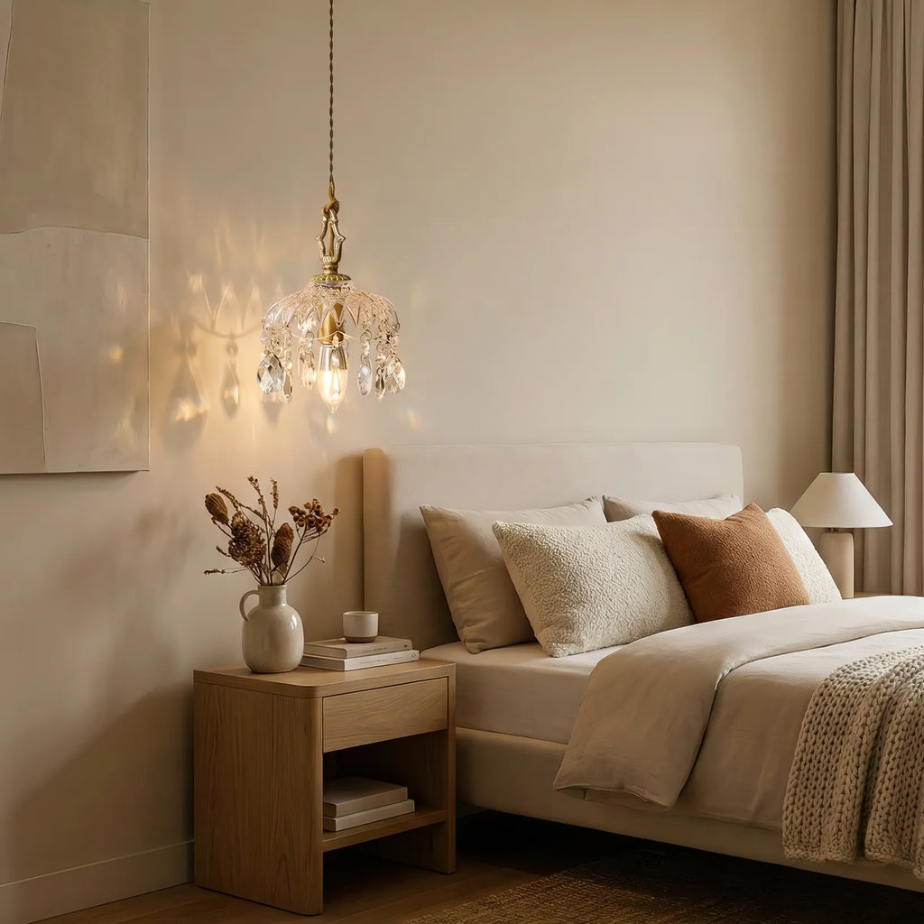 Lampada a Sospensione Vintage in Rame con Cristalli