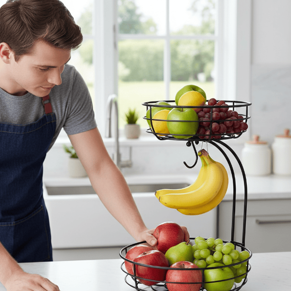 KITCHENOVA FRUIT HAVEN – Cestino per Frutta in Metallo a 2 Piani con Supporto per Banane