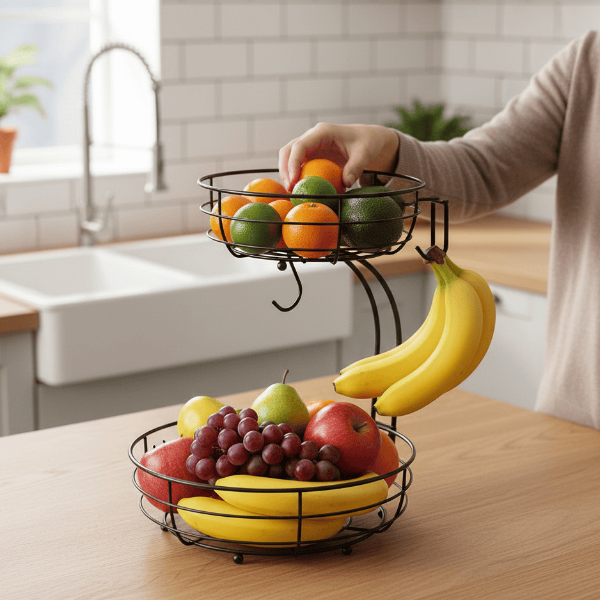 KITCHENOVA FRUIT HAVEN – Cestino per Frutta in Metallo a 2 Piani con Supporto per Banane