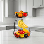 KITCHENOVA FRUIT HAVEN – Cestino per Frutta in Metallo a 2 Piani con Supporto per Banane