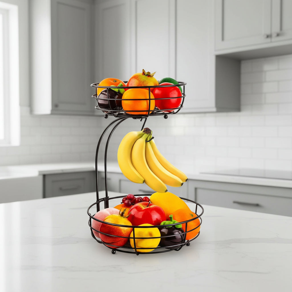 KITCHENOVA FRUIT HAVEN – Cestino per Frutta in Metallo a 2 Piani con Supporto per Banane
