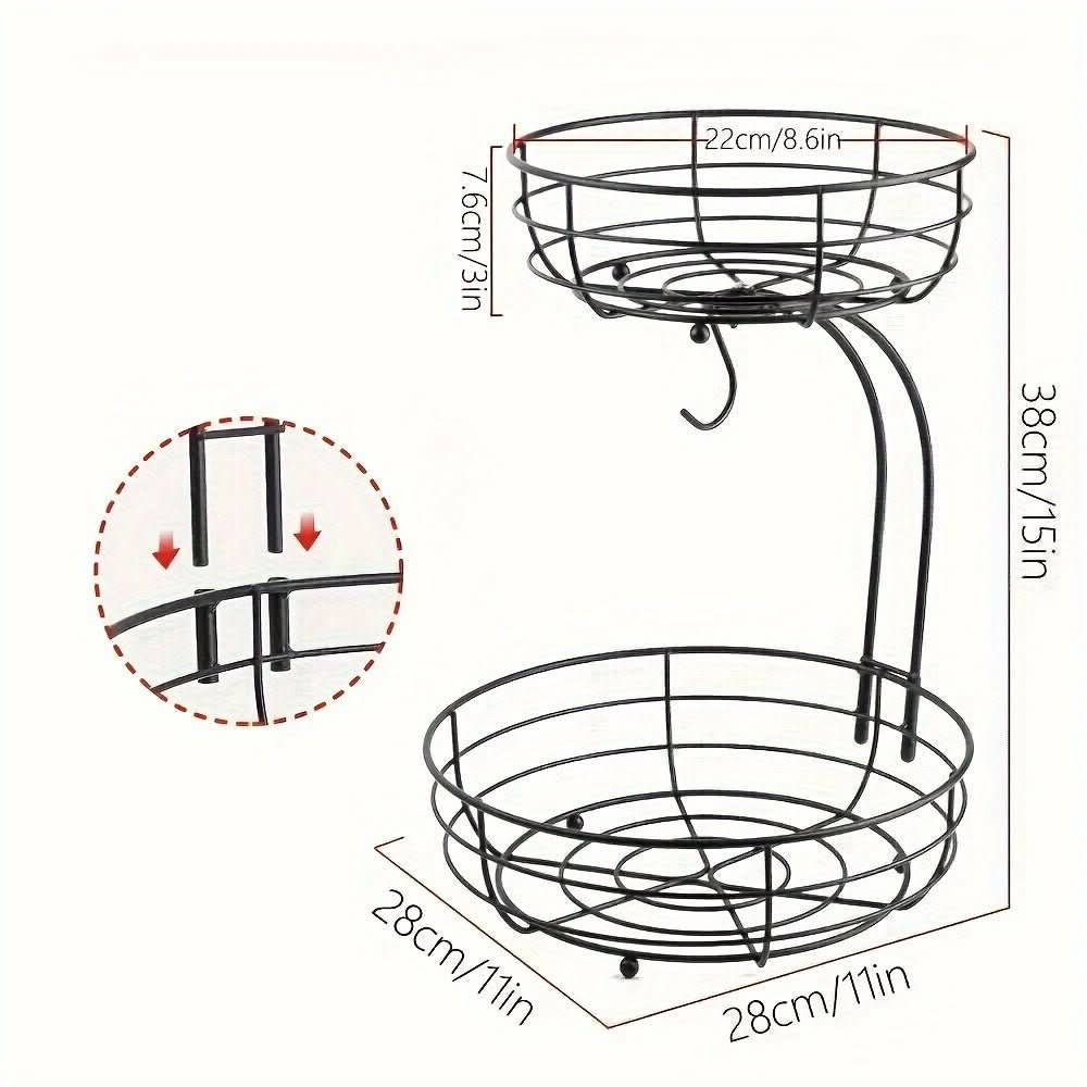 KITCHENOVA FRUIT HAVEN – Cestino per Frutta in Metallo a 2 Piani con Supporto per Banane