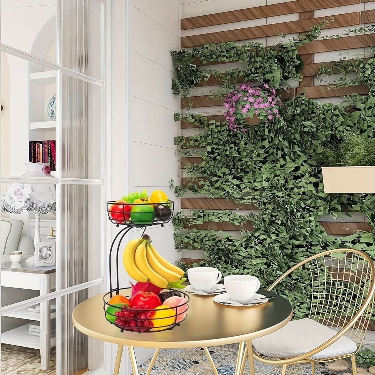 KITCHENOVA FRUIT HAVEN – Cestino per Frutta in Metallo a 2 Piani con Supporto per Banane