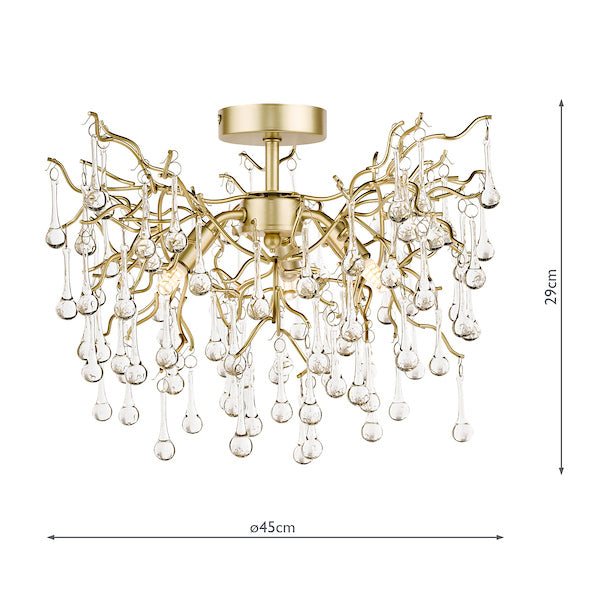 Laura Ashley Willow 3 Luci Semi Flush Satin Champagne con Gocce di Cristallo