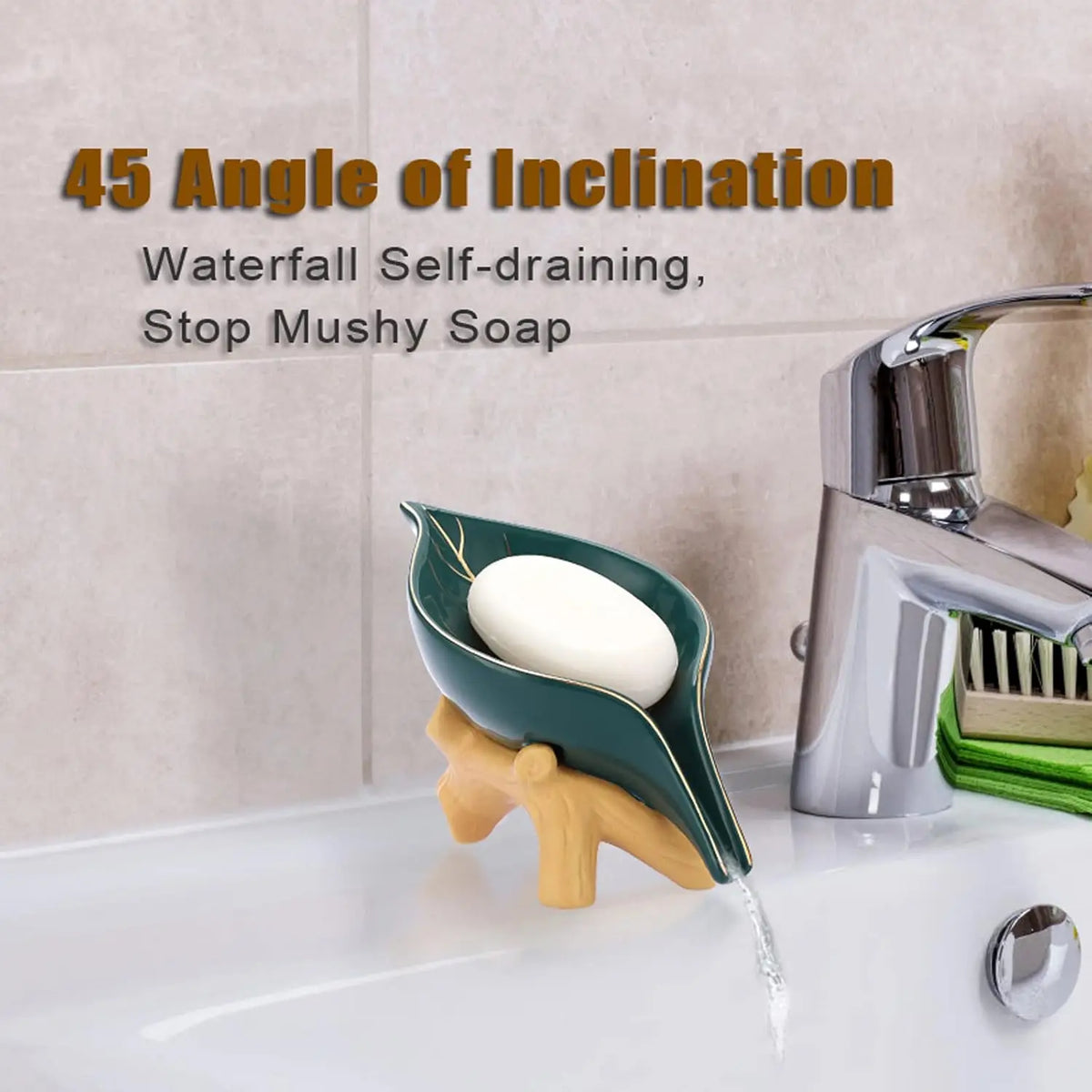 Portasapone Ceramico a Forma di Foglia con Design a Cascata e Drenaggio Automatico