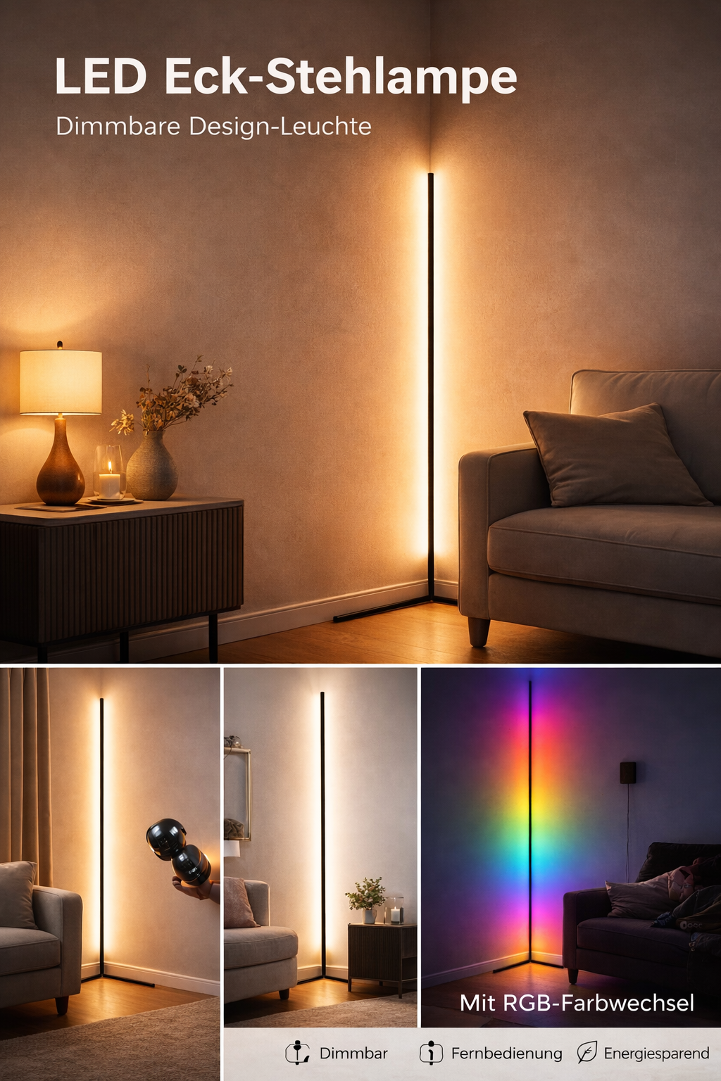 Lampada da terra angolare a LED – Dimmerabile con telecomando | Design moderno e luce indiretta